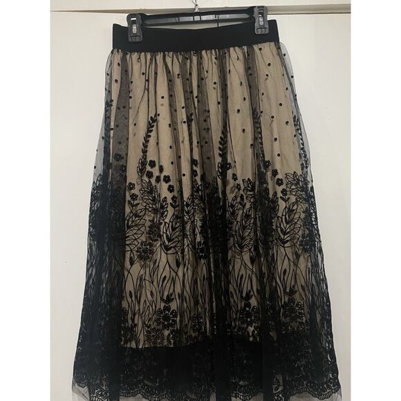 Metro Wear Skirt Black Mesh Floral Overlay Tan Lining Sz PS Elastic Waist 28 - Picture 10 of 14